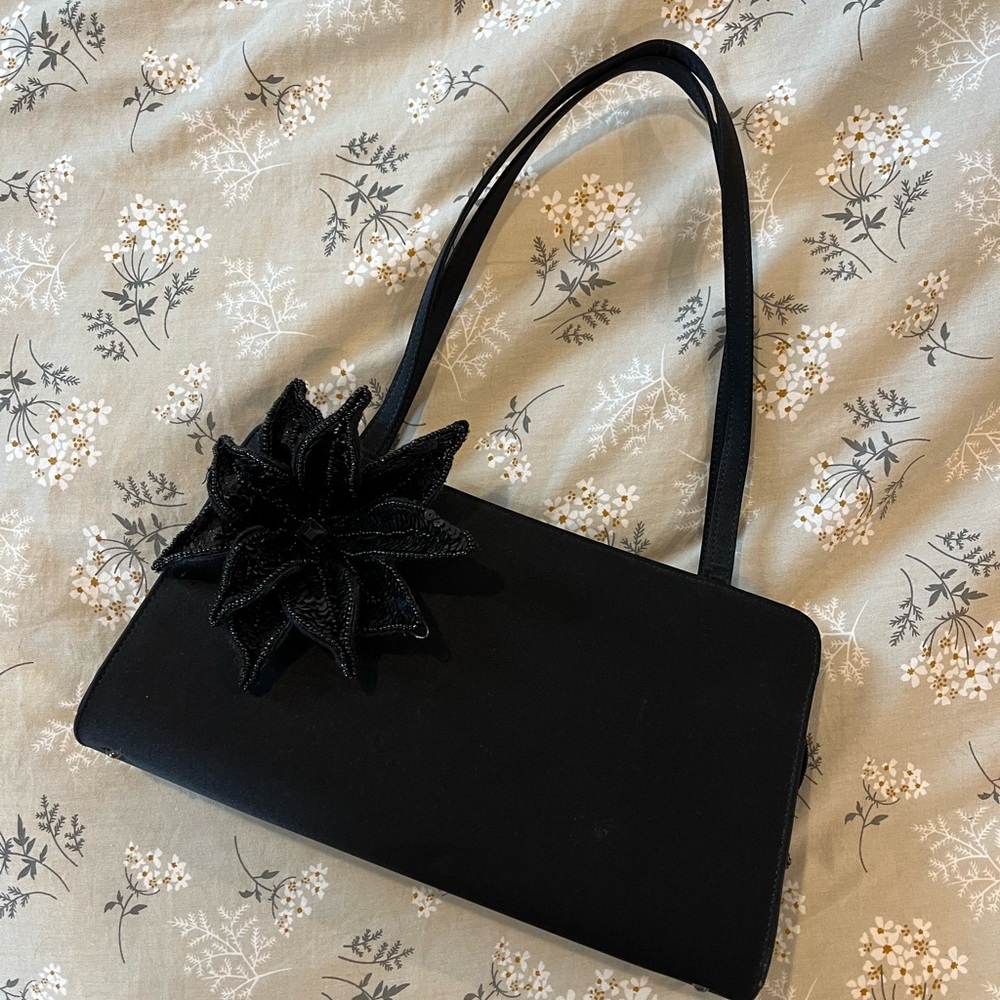 Vintage Ann Taylor Elegant Black evening Handbag with Floral Accent